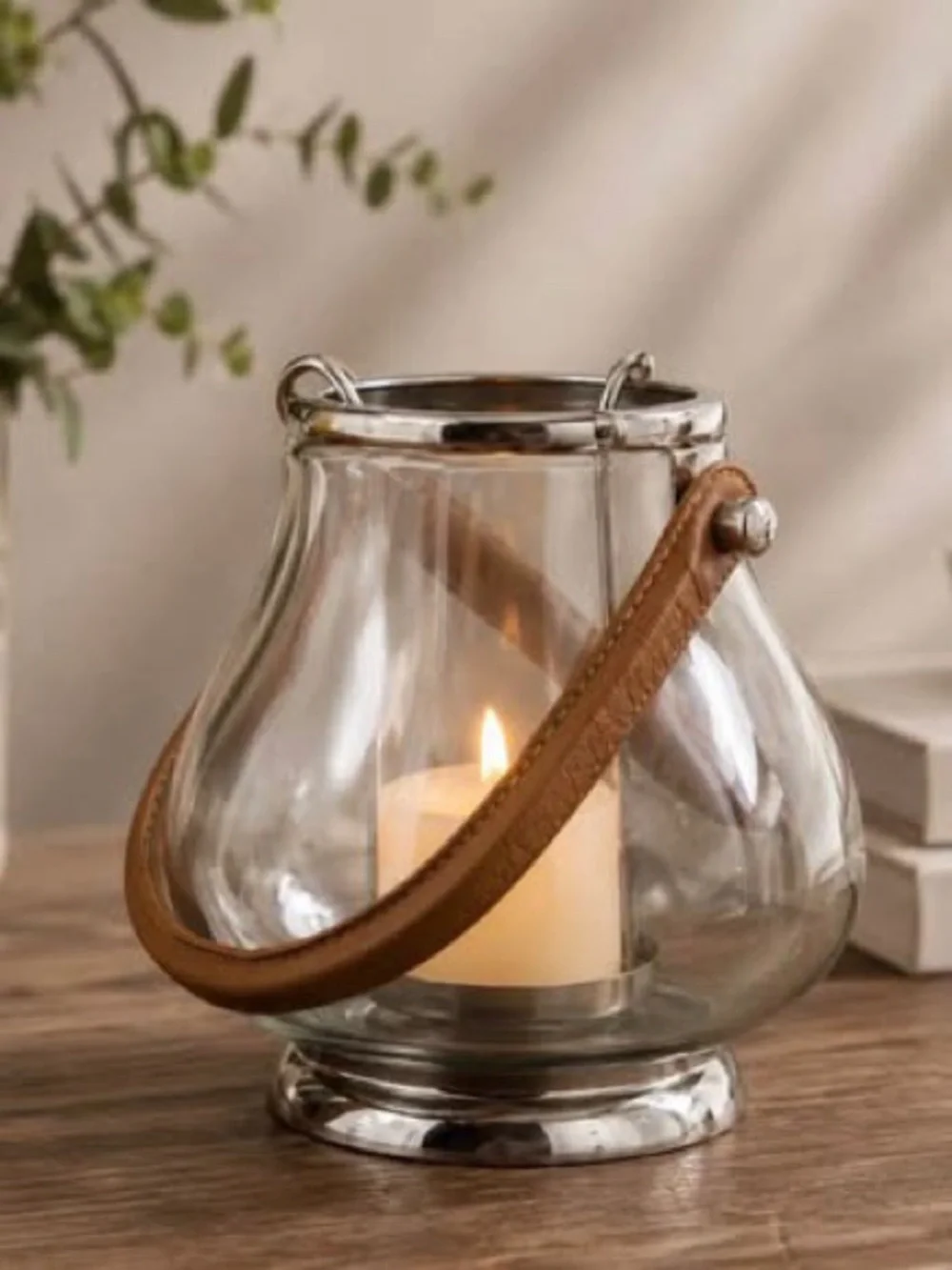 Glass & Leather Petite Hurricane Lanterns | Set of 3
